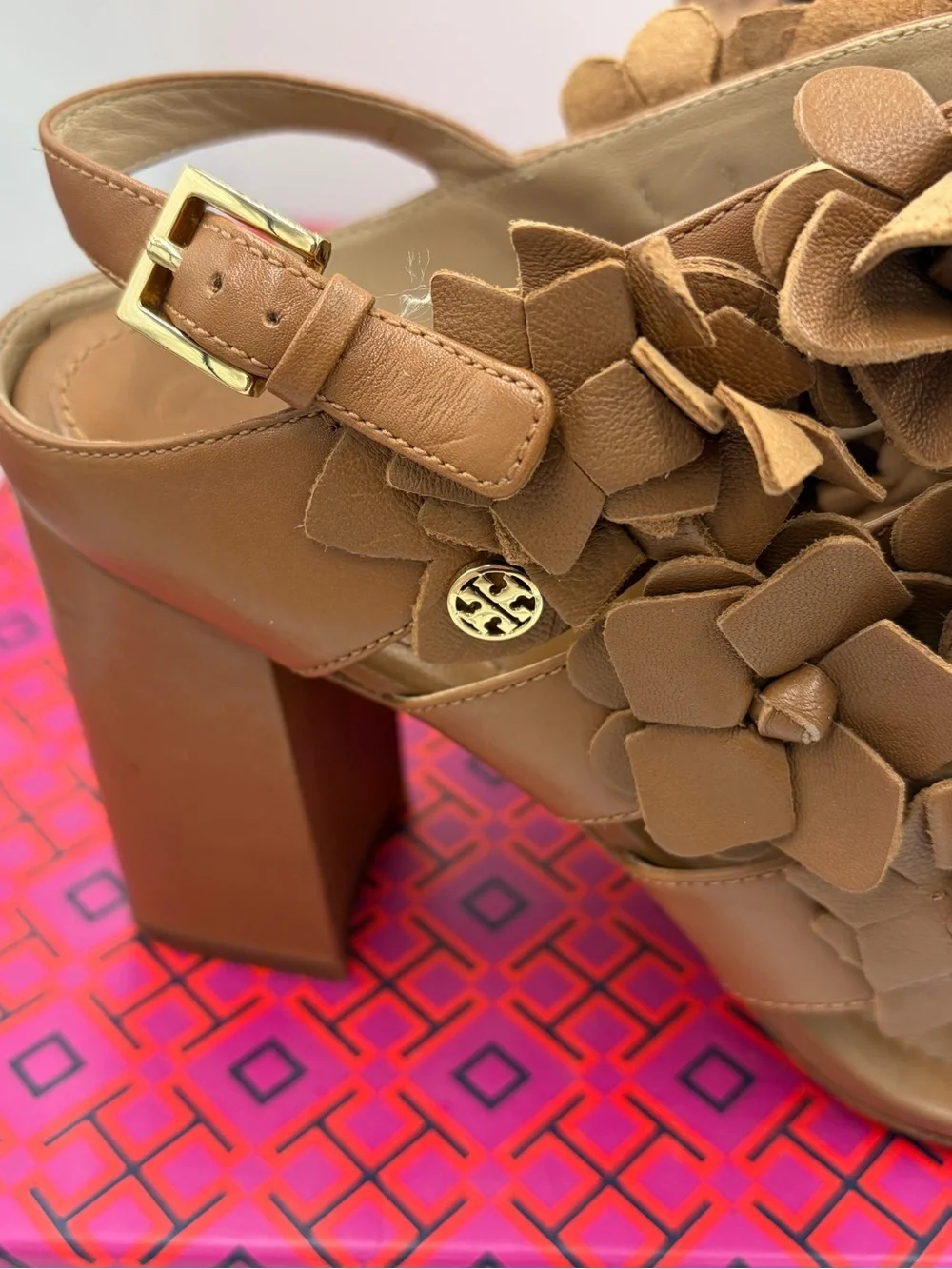 Tory Burch Brown Floral Blossom Leather Sandals with Gold Buckle Block Heels